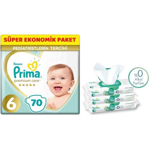Prima Premium Care Bebek Bezi Beden:6 (13+Kg) Extra Large 70 Adet + 3 Lü Mendil Süper Ekonomik Pk