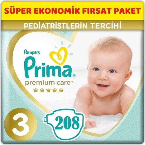 Prima Premium Care Bebek Bezi Beden:3 (6-10Kg) Midi 208 Adet Süper Ekonomik Fırsat Pk