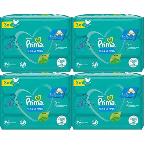 Prima Islak Havlu Mendil Temiz ve Ferah (Bitki Bazlı) 12 Li Set (4PK*3) 624 Yaprak