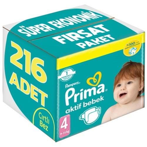 Prima Bebek Bezi Beden:4 (9-14Kg) Maxi 216 Adet Süper Ekonomik Fırsat Pk