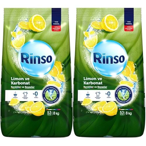 Rinso Matik Toz Deterjan 16KG Limon ve Karbonat / Renkliler ve Beyazlar İçin (2PK*8KG) (106 Yıkama)