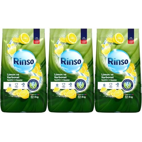 Rinso Matik Toz Deterjan 24KG Limon ve Karbonat / Renkliler ve Beyazlar İçin (3PK*8KG) (159 Yıkama)