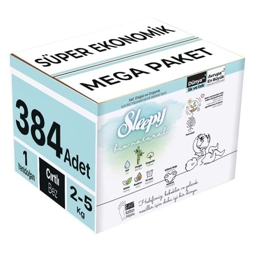 Sleepy Bebek Bezi Bio Natural Beden:1 (2-5KG) Yeni Doğan Newborn 384 Adet Süper Ekonomik Mega Pk