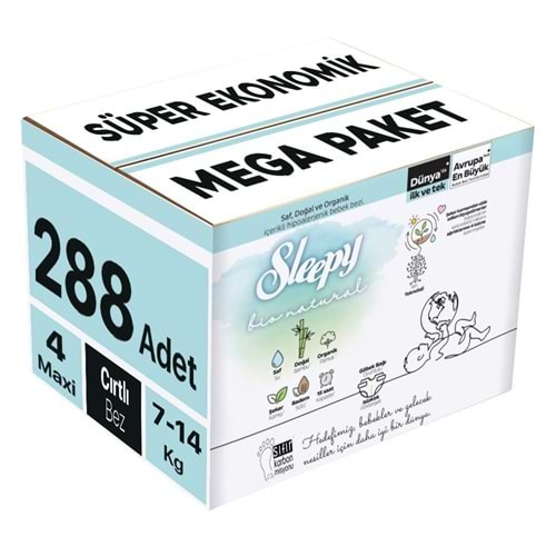 Sleepy Bebek Bezi Bio Natural Beden:4 (7-14KG) Maxi 288 Adet Süper Ekonomik Mega Pk