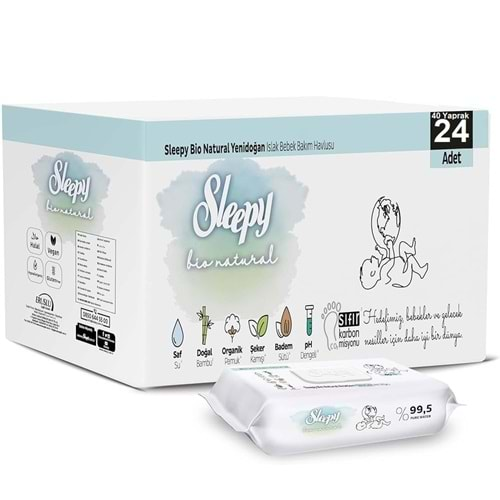 Sleepy Islak Havlu Mendil Bio Natural 40 Yaprak Yeni Doğan (24 Lü Set) Plastik Kapaklı 960 Yaprak