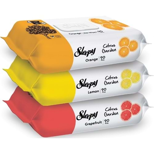 Sleepy Islak Havlu Mendil Meyve Çeşitleri 90 Yaprak (3 Lü Set) Plastik Kapaklı (Citrus Garden)