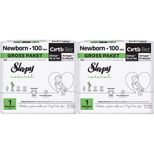 Sleepy Bebek Bezi Natural Beden:1 (2-5KG) Yeni Doğan 200 Adet Süper Ekonomik Gross Pk (2PK*100)