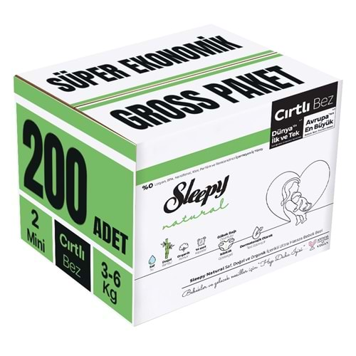 Sleepy Bebek Bezi Natural Beden:2 (3-6KG) Mini 200 Adet Süper Ekonomik Gross Pk (2PK*100)