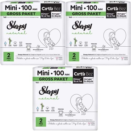 Sleepy Bebek Bezi Natural Beden:2 (3-6KG) Mini 300 Adet Gross Pk (3PK*100)