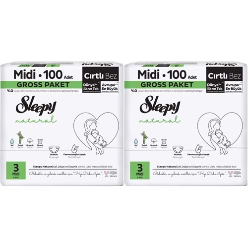 Sleepy Bebek Bezi Natural Beden:3 (4-9KG) Midi 200 Adet Gross Pk (2PK*100)