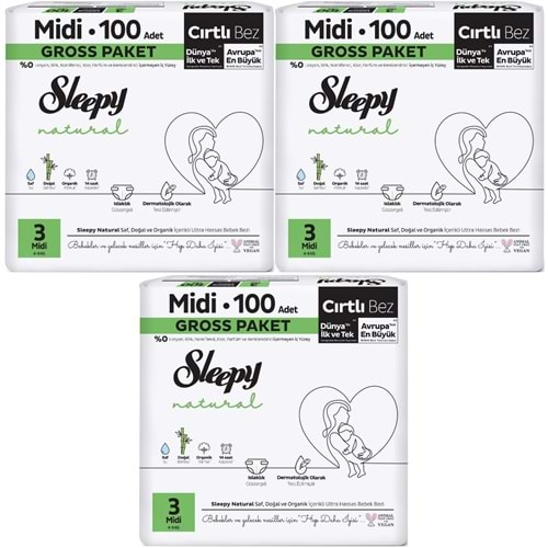 Sleepy Bebek Bezi Natural Beden:3 (4-9KG) Midi 300 Adet Gross Pk (3PK*100)