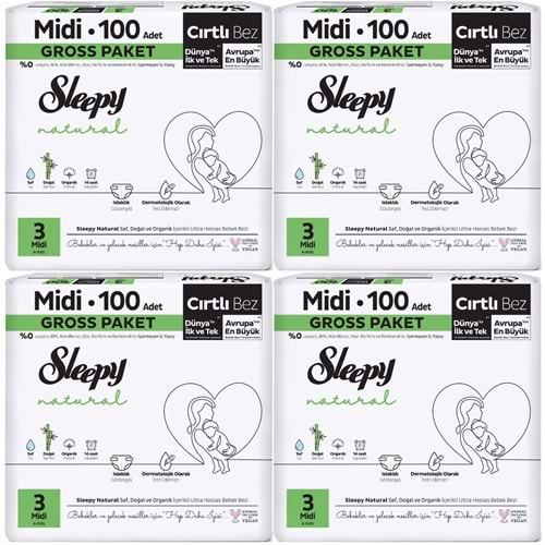 Sleepy Bebek Bezi Natural Beden:3 (4-9KG) Midi 400 Adet Gross Pk (4PK*100)