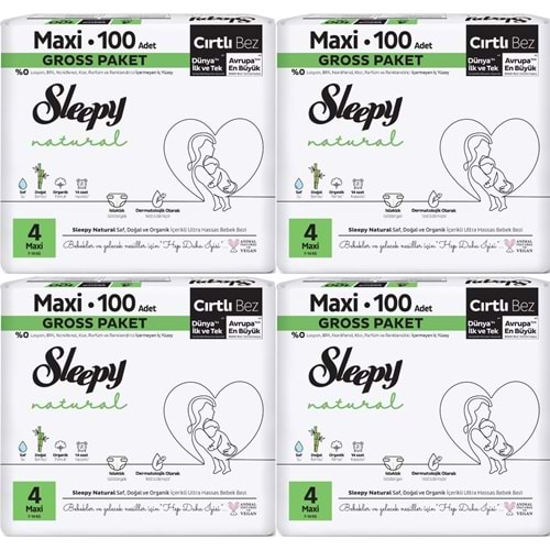 Sleepy Bebek Bezi Natural Beden:4 (7-14KG) Maxi 400 Adet Süper Ekonomik Fırsat Gross Pk (4PK*100)