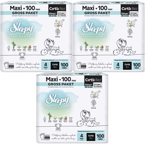 Sleepy Bebek Bezi Bio Natural Beden:4 (7-16KG) Maxi 300 Adet Ekonomik Fırsat Gross Pk (3PK*100)