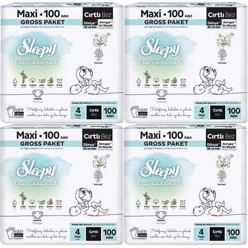 Sleepy Bebek Bezi Bio Natural Beden:4 (7-16KG) Maxi 400 Adet Gross Pk (4PK*100)