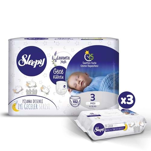 Sleepy Bebek Bezi Gece Külotu Bezi Beden:3 (4-10Kg) Midi 102 Adet Jumbo Pk