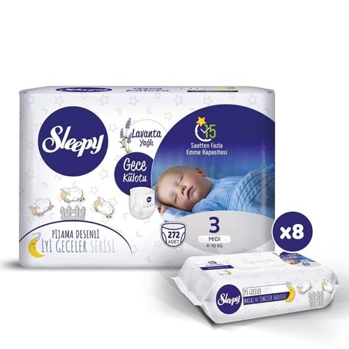 Sleepy Bebek Bezi Gece Külotu Bezi Beden:3 (4-10Kg) Midi 272 Adet Jumbo Pk