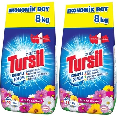 Tursil Matik Toz Çamaşır Deterjanı 16KG Taze Kır Çiçekleri (106 Yıkama) Renkli/Beyazlar İçin (2PK*8)