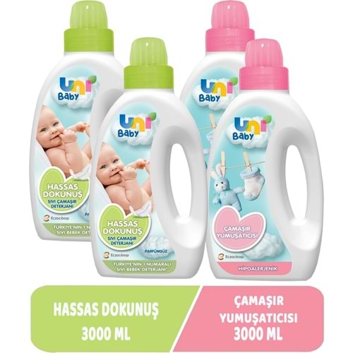 Uni Baby Çamaşır Deterjanı Sensitive 1500ML+Yumuşatıcı 1500ML Hassas/Hipoalerjenik Karma (4 Lü Set)