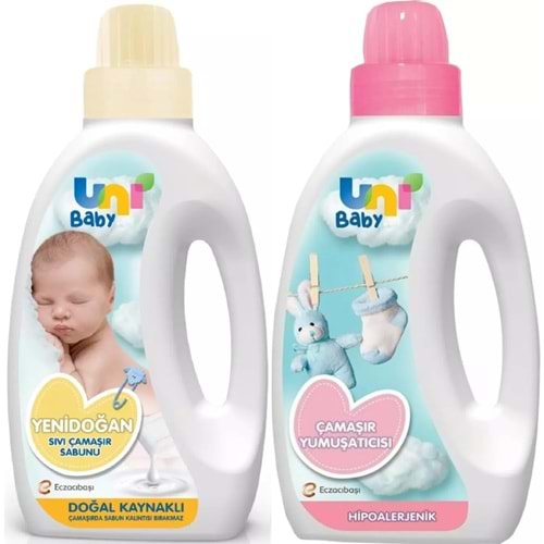 Uni Baby Yeni Doğan Çamaşır Deterjanı/Sabunu 1500ML (Sarı) + Yumuşatıcı 1500ML Hassas Ciltler İçin/Hipoalerjenik (Pembe) Karma (2 Li Set)