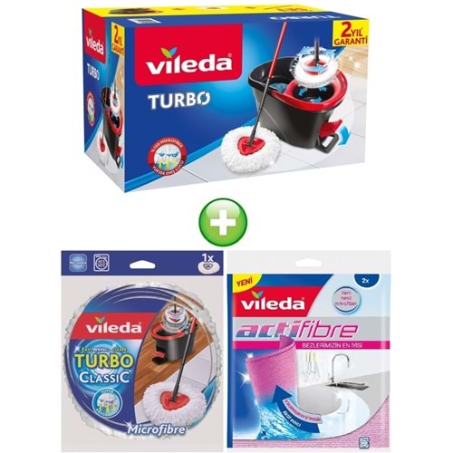 Vileda Turbo Pedallı Temizlik Seti (Komple Set)+Turbo Yedek Mop Paspas Ucu+Actifibre Mikrofiber Bez