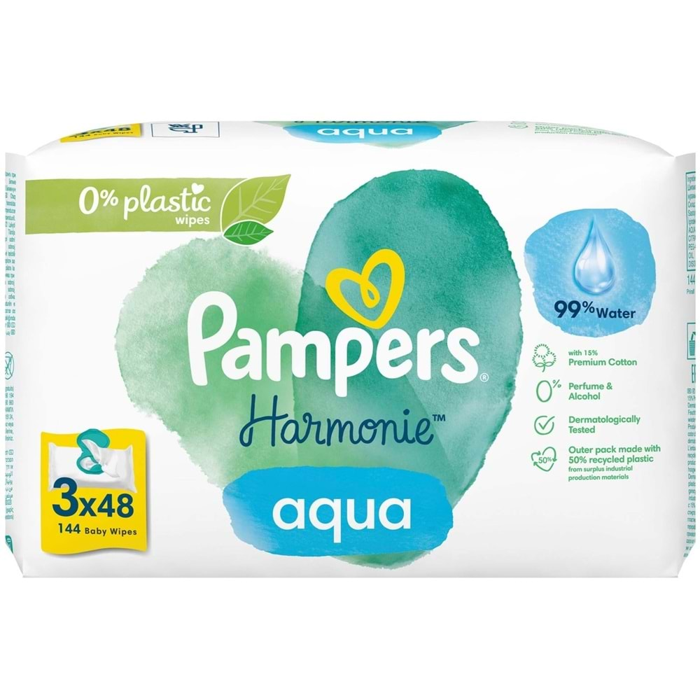 Prima Pampers Harmonie Islak Havlu Mendil Aqua Pure 48 Yaprak 3 Lü Set (144 Yaprak) Organik Pamuk