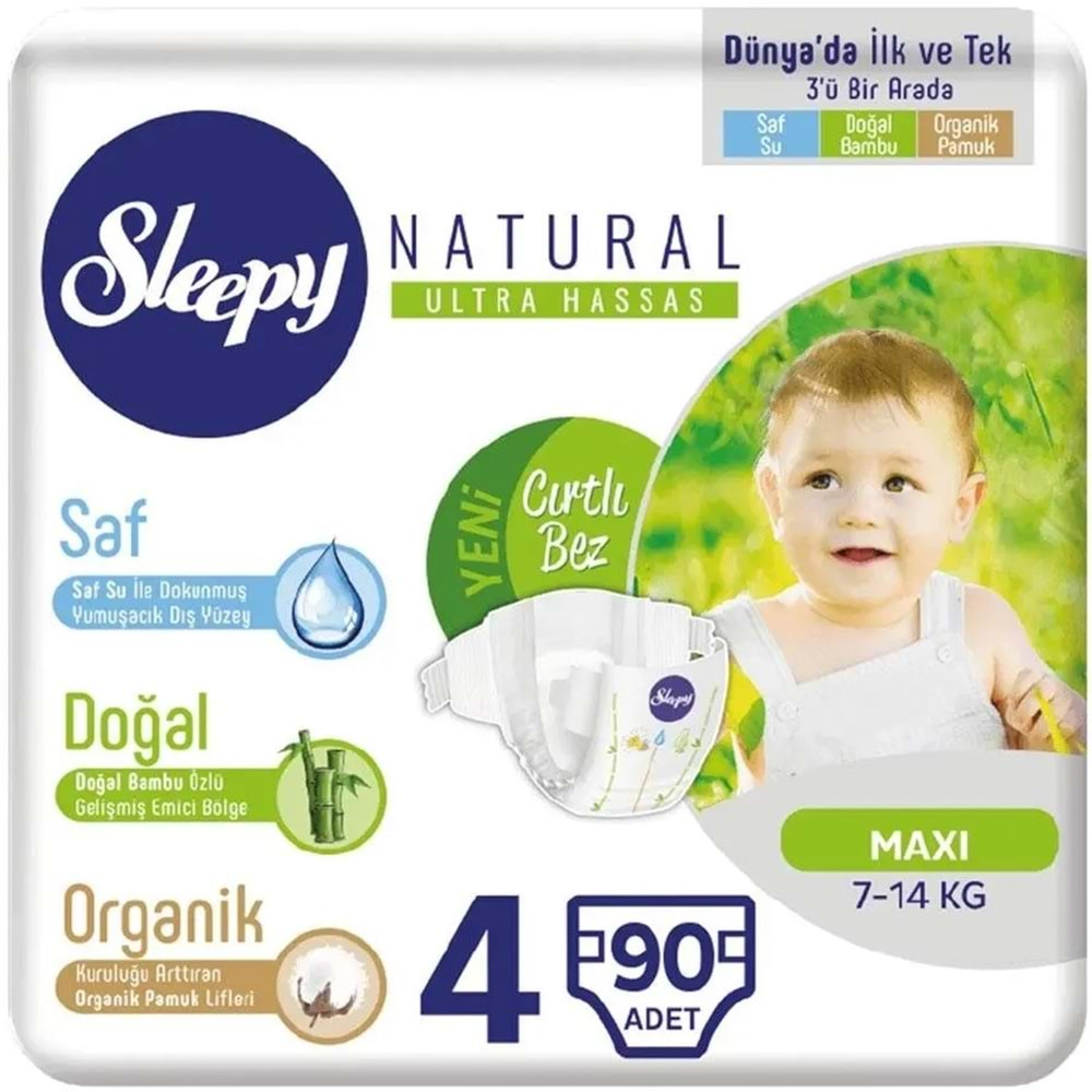 Sleepy Bebek Bezi Naturel Beden:4 (7-14Kg) Maxi 90 Adet Ultra Avantaj Pk