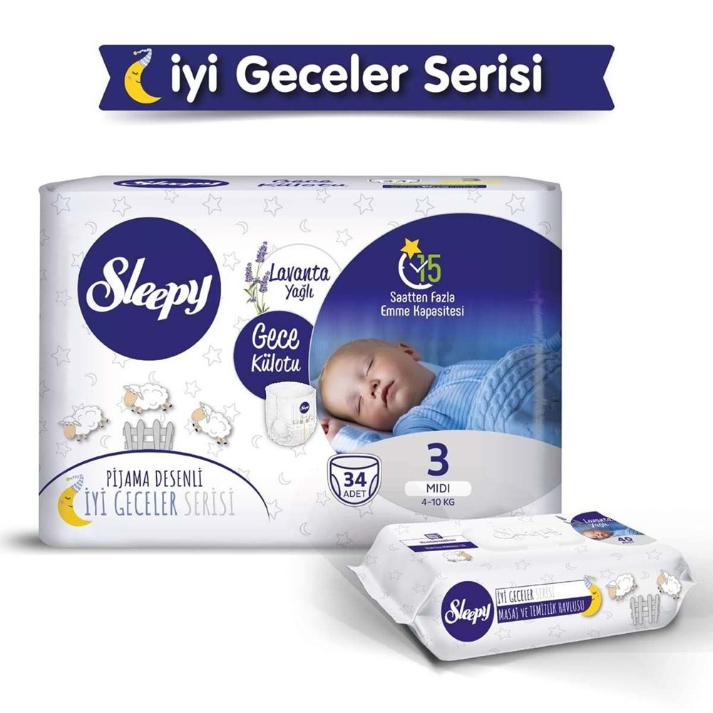 Sleepy Bebek Bezi Gece Külotu Bezi Beden:3 (4-10Kg) Midi 34 Adet Jumbo Pk