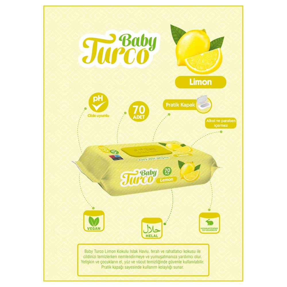 Baby Turco Islak Havlu Mendil 70 Yaprak Limon Plastik Kapaklı Tekli Pk