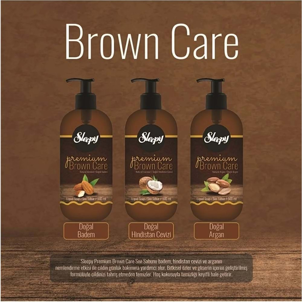 Sleepy Sıvı Sabun Premium 500ML Brown Care Serisi(Doğal Badem/Hindistan Cevizi/Argan)