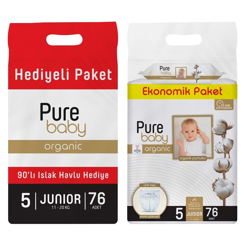 Pure Baby Bebek Bezi Beden:5 (11-20KG) Junior 76 Adet Ekonomik Pk + Islak Mendil Hediyeli