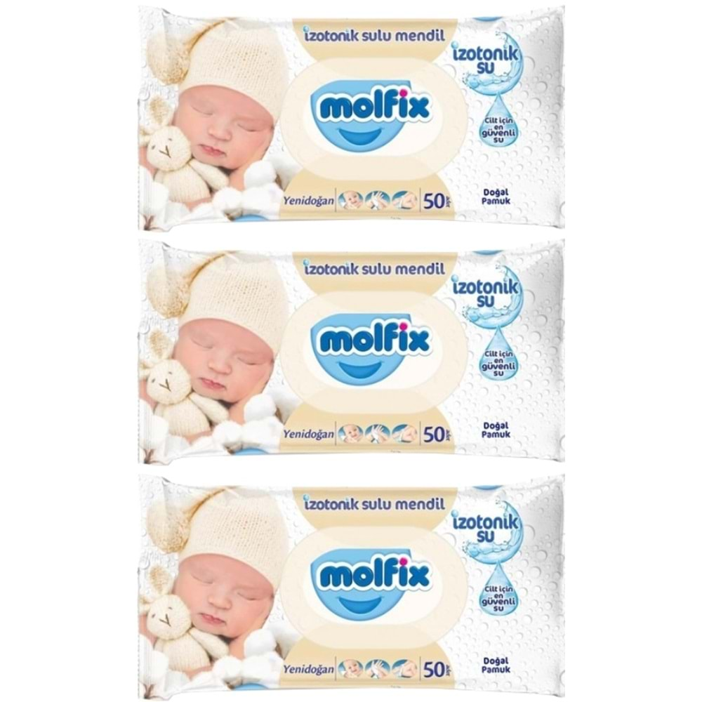 Molfix Islak Havlu Mendil İzotonik Yeni Doğan 3 Pk 50 Yaprak Pamuklu Plastik Kapaklı