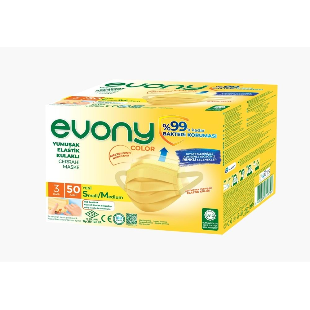 Evony 3 Katlı Filtreli Burun Telli Cerrahi Maske 50 Li Paket Small/Medium Sarı 160*90MM