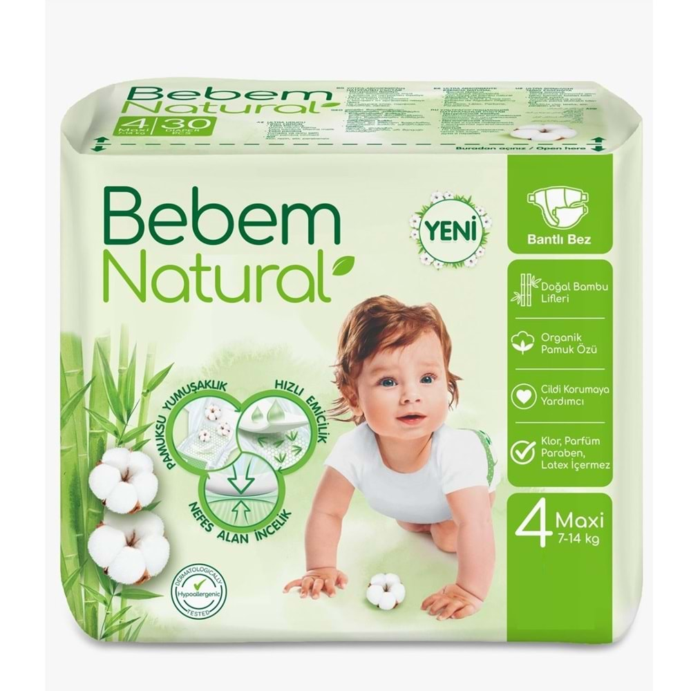 Bebem Bebek Bezi Natural Beden:4 (7-14Kg) Maxi 52 Adet Fırsat Pk