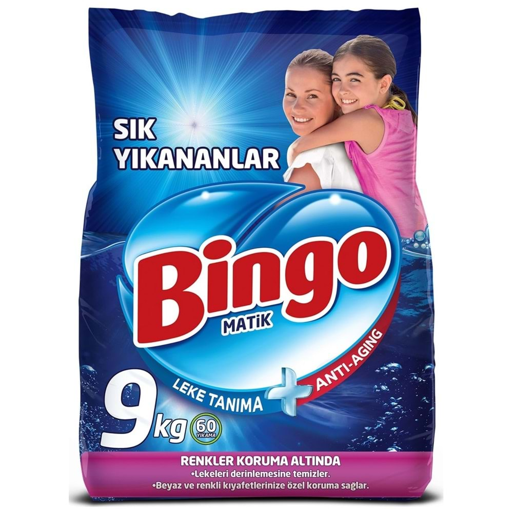 Bingo Matik Toz Çamaşır Deterjanı 9KG Sık Yıkananlar Beyazlar ve Renkliler 60 Yıkama