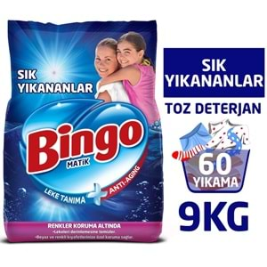 Bingo Matik Toz Çamaşır Deterjanı 9KG Sık Yıkananlar Beyazlar ve Renkliler 60 Yıkama