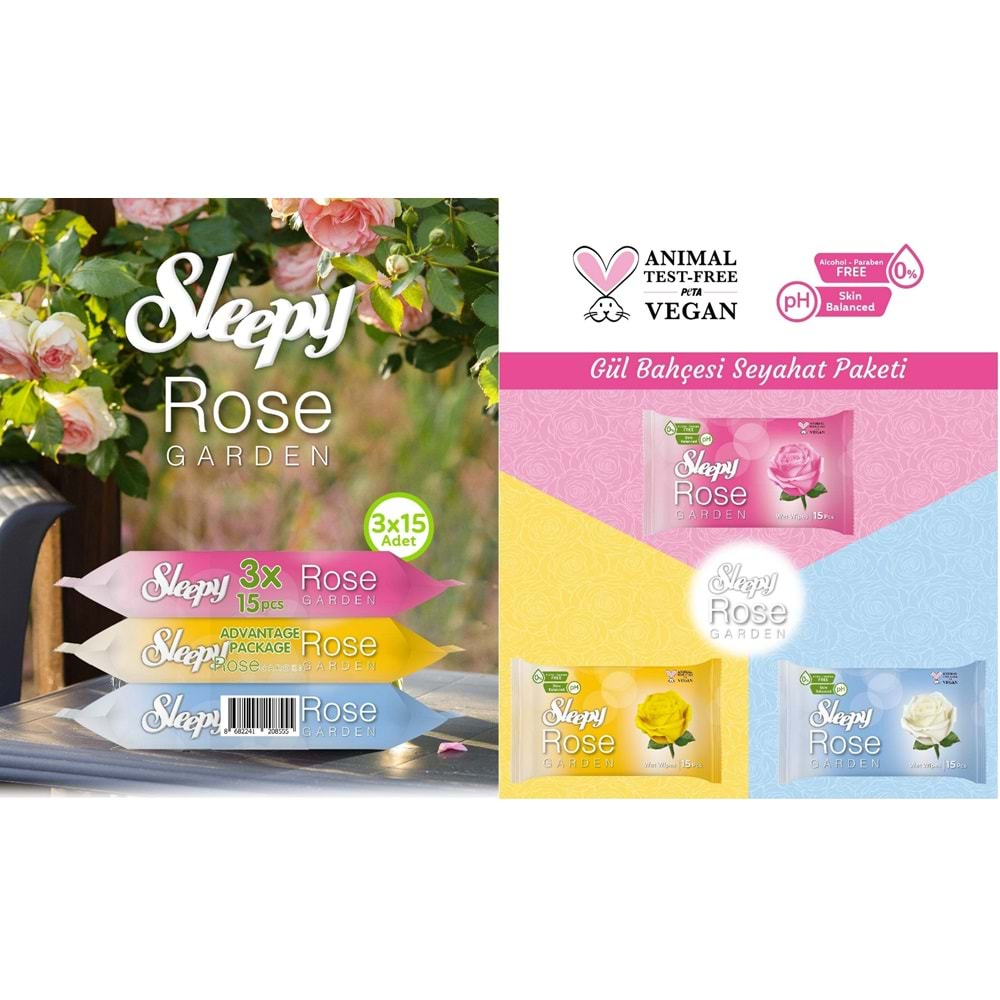 Sleepy Islak Havlu Cep Mendil (3 Lü Pk) 15 Yaprak Rose/Garden (45 Yaprak)