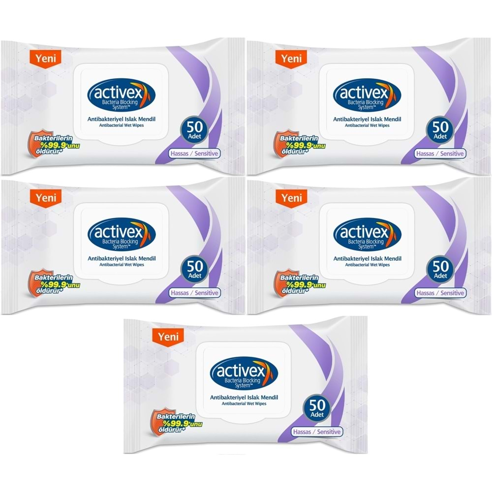 Activex Antibakteriyel Islak Havlu Mendil Hassas 50 Yaprak 5 Li Set (250 Yaprak) Plastik Kapaklı