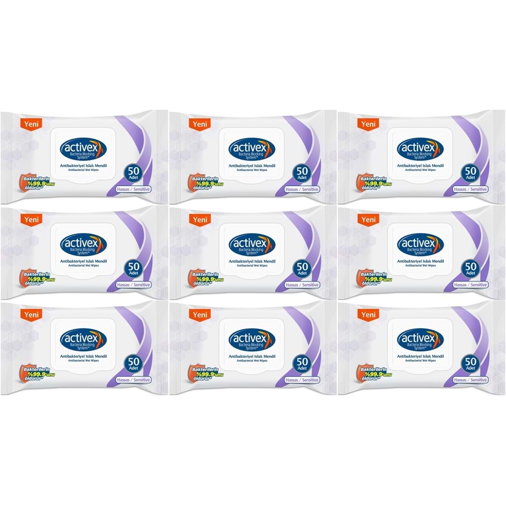 Activex Antibakteriyel Islak Havlu Mendil Hassas 50 Yaprak 9 Lu Set (450 Yaprak) Plastik Kapaklı