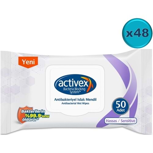Activex Antibakteriyel Islak Havlu Mendil Hassas 50 Yaprak 48 Li Set (2400 Yaprak) Plastik Kapaklı