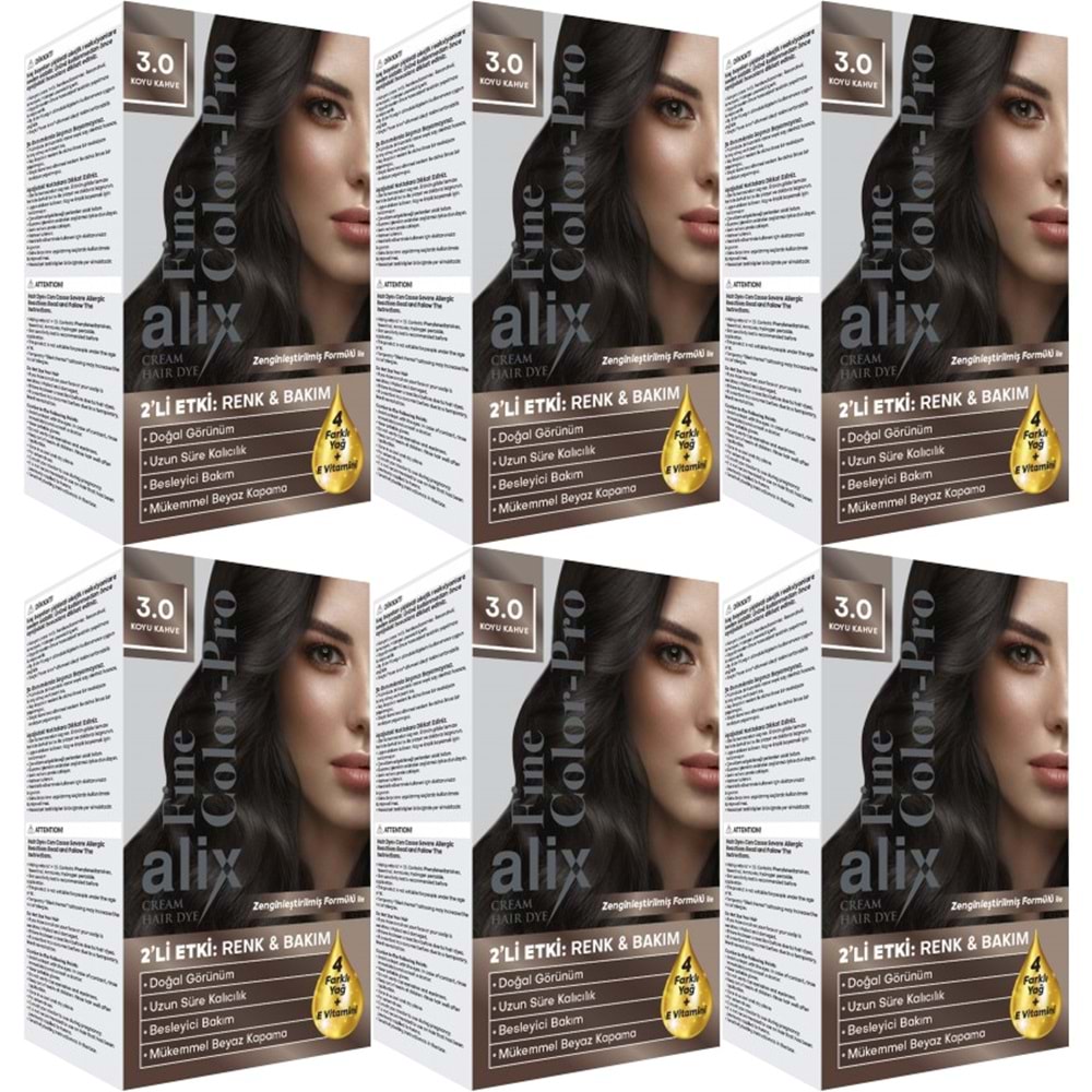 Alix 50ML Kit Saç Boyası 3.0 Koyu Kahve (6 Lı Set)