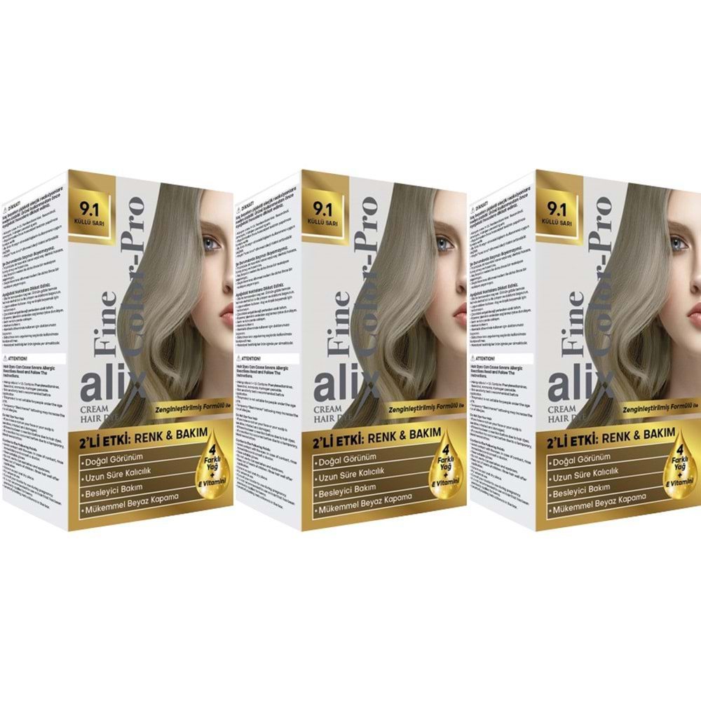 Alix 50ML Kit Saç Boyası 9.1 Küllü Sarı (3 Lü Set)