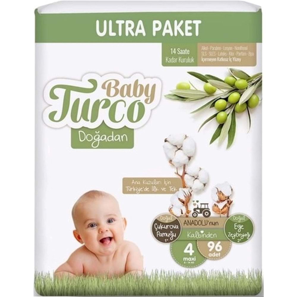 Baby Turco Bebek Bezi Doğadan Beden:4 (8-14Kg) Maxi 384 Adet Ultra Aylık Pk