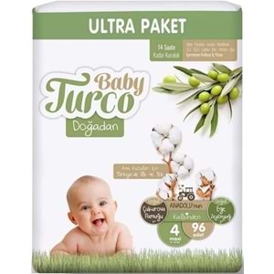 Baby Turco Bebek Bezi Doğadan Beden:4 (8-14Kg) Maxi 384 Adet Ultra Aylık Pk