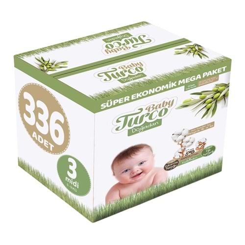 Baby Turco Bebek Bezi Doğadan Beden:3 (5-9KG) Midi 336 Adet Süper Ekonomik Mega Pk