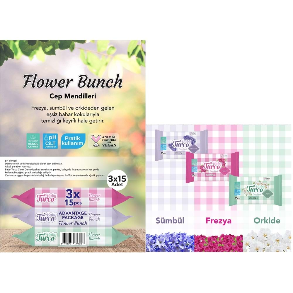 Baby Turco Islak Havlu Cep Mendil 15 Yaprak (9 Lu Set) Çiçek Demeti/Flower Bunch (9PK*15) 135 Yaprak