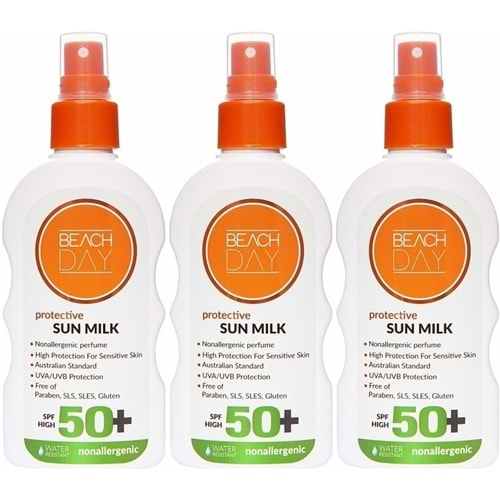 Beach Day Koruyucu Sun Mılk Süt Losyon 50+ (Alerji) 150ML Sprey (3 Lü Set)