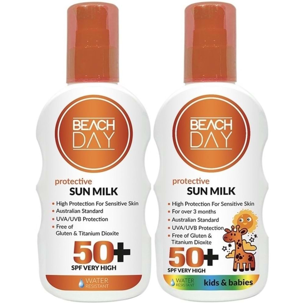 Beach Day Koruyucu Sun Mılk Süt Losyon 50F 150ML + Mılk Süt Losyon (Bebek & Çocuk) 150ML Sprey (Karma Set)