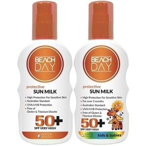 Beach Day Koruyucu Sun Mılk Süt Losyon 50F 150ML + Mılk Süt Losyon (Bebek & Çocuk) 150ML Sprey (Karma Set)
