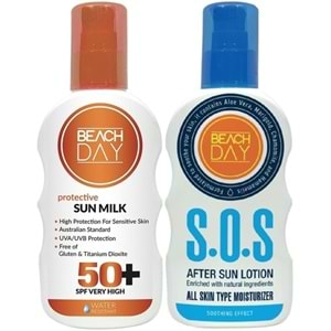 Beach Day Koruyucu Sun Mılk Süt Losyon 50F 150ML Sprey + S.O.S After Sun Lotıon Güneş Sonrası Losyon 150ML Sprey (Karma Set)